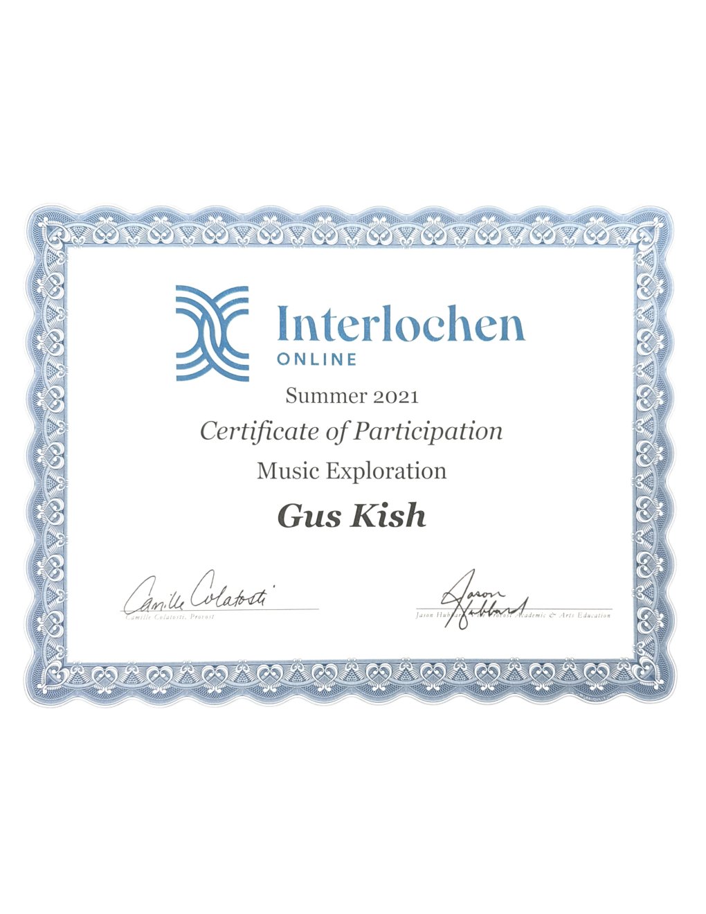Interlochen Online Summer 2021 Certificate of Participation